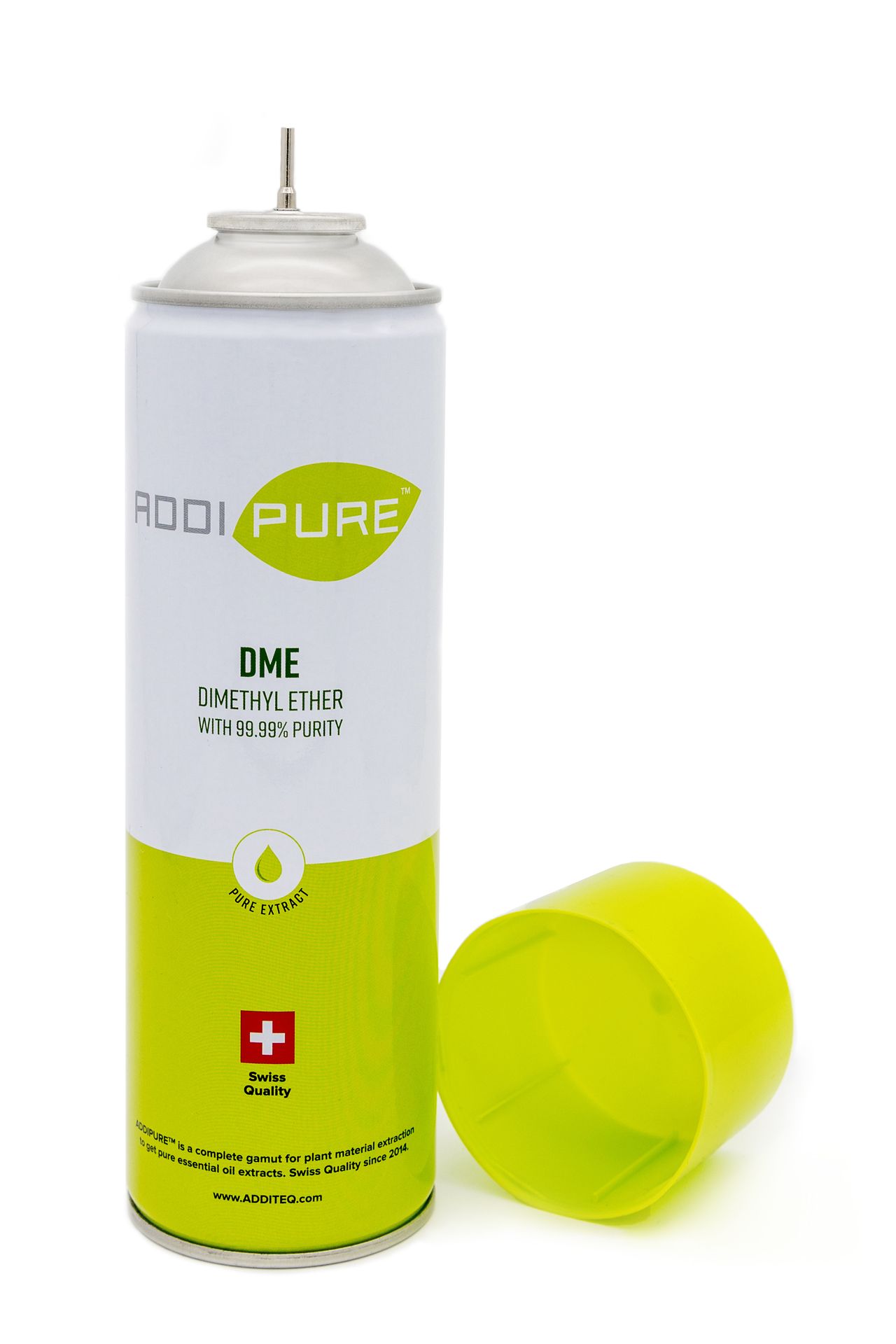 ADDIPURE Dimethyl Ether (DME), 500 ml can. Organic extraction gas. Certified 99.99% purity. Food safe. Wide solution spectrum. High extraction yield. Swiss quality.