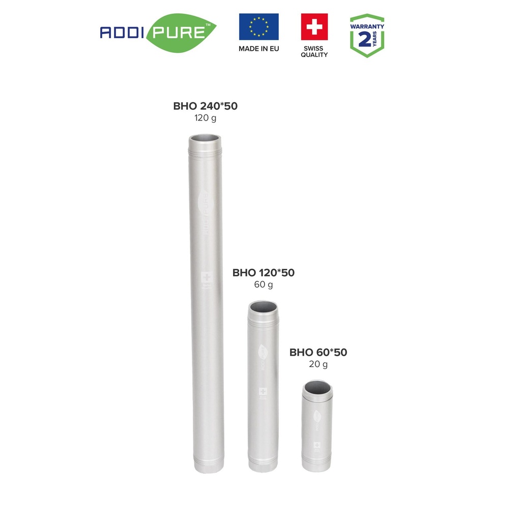 Extraction tube 60*50 for ADDIPURE modular system. For use with BHO Extractor ADDIPURE 50. Capacity 20 g. Aluminium, food grade anodised finish. Swiss quality.