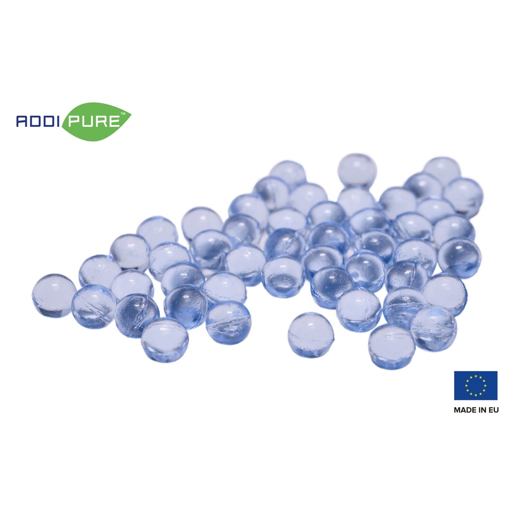 ADDIPURE Technical Glass Beads. 500 g container. Diameter 10 mm. Spherical, slightly blueish. As a filler for the oil, BHO, DHO extractor.