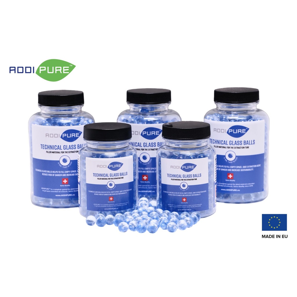 ADDIPURE Technical Glass Beads. 500 g container. Diameter 10 mm. Spherical, slightly blueish. As a filler for the oil, BHO, DHO extractor.