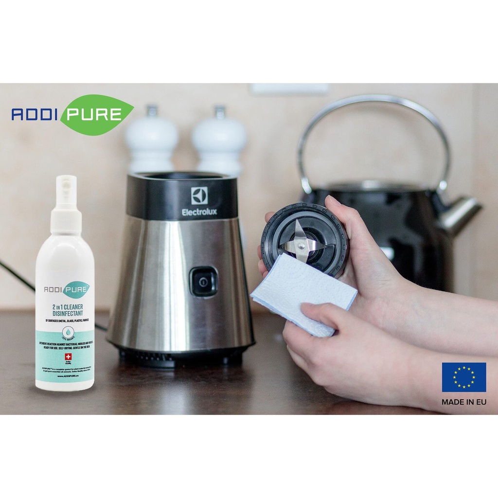 ADDIPURE 2in1 Cleaner Disinfectant, 500 ml, refill. For highly effective, fast-acting elimination of bacteria, germs, viruses and mould. Organic product. Ready to use. Self-drying. Kind to skin.