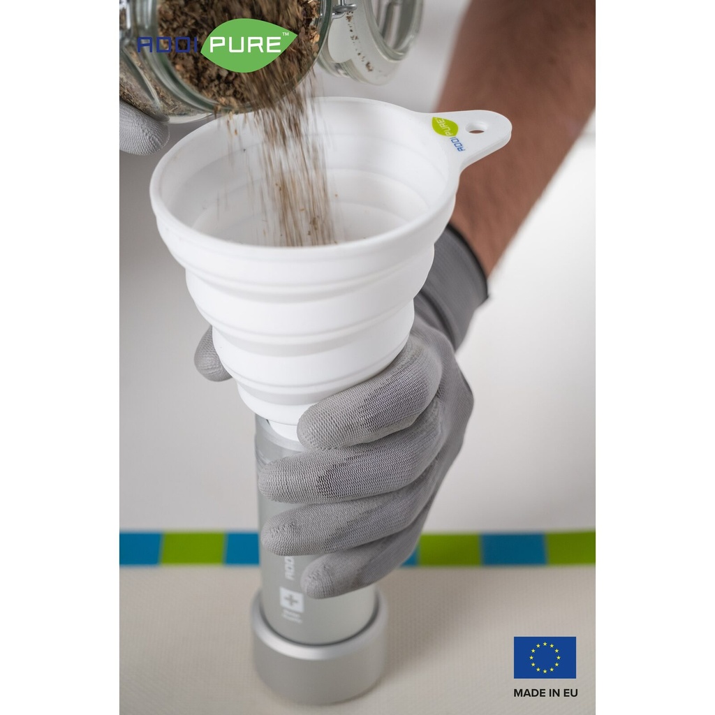 ADDIPURE Silicone funnel, white, foldable. Ideal for filling extractors with plant material. Food grade quality.