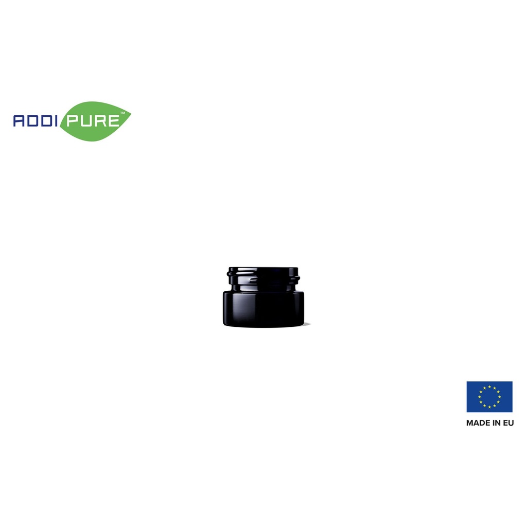 ADDIPURE UV ultraviolet glass jar, 10 ml, black lid, round. Packaging for natural products. Maximum light protection for natural plant products.