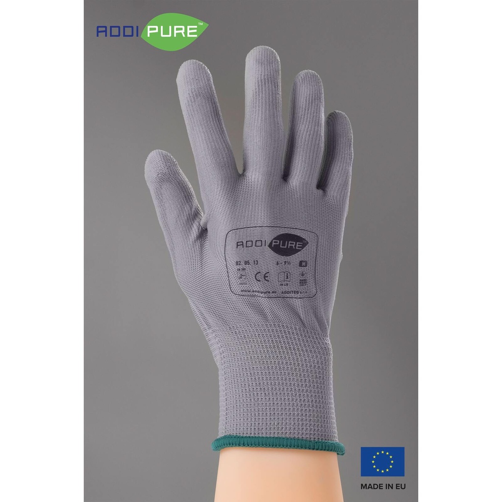ADDIPURE Garden gloves for BHO extraction. Grey, size M. Non-slip grip, light fitting, maximum dexterity, non-seamless, breathable, versatile.