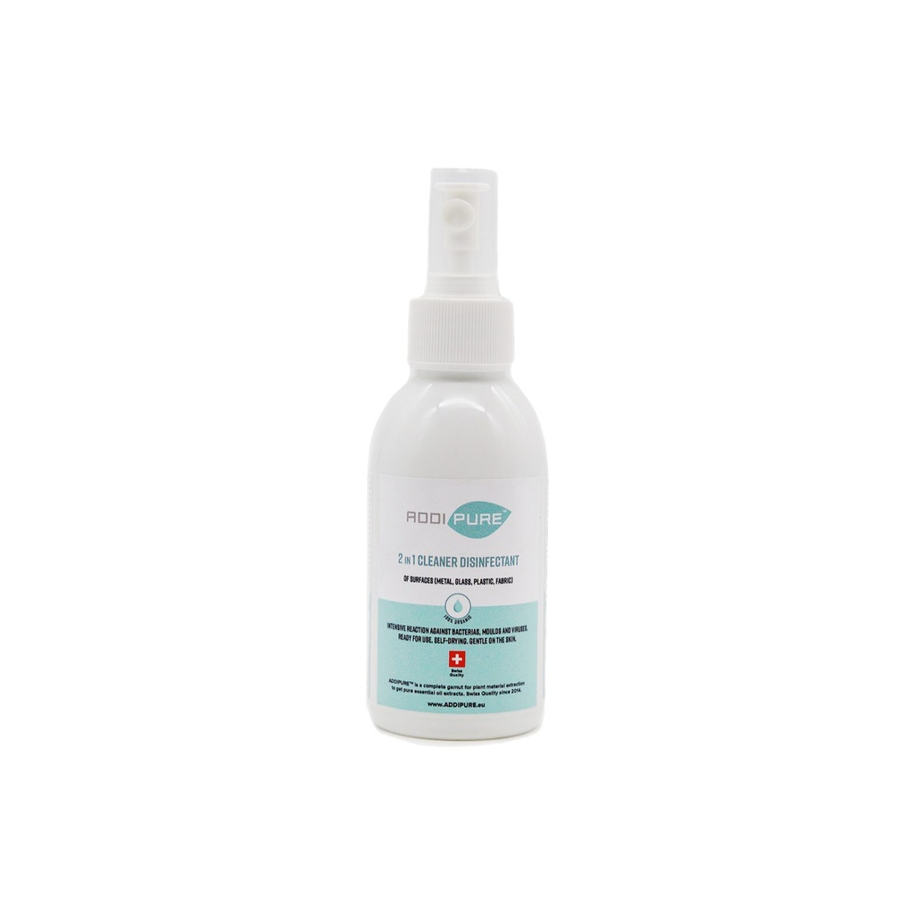 ADDIPURE Nettoyant Désinfectant 2en1, 150 ml, spray. Élimination rapide et efficace des bactéries, germes, virus et moisissures. Produit biologique. Prêt à l'emploi. Sèche tout seul. Doux pour la peau.