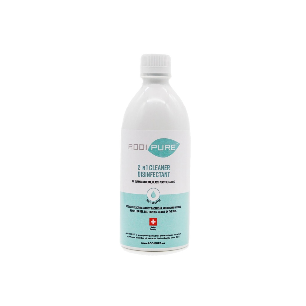 ADDIPURE 2in1 Cleaner Disinfectant, 500 ml, refill. For highly effective, fast-acting elimination of bacteria, germs, viruses and mould. Organic product. Ready to use. Self-drying. Kind to skin.