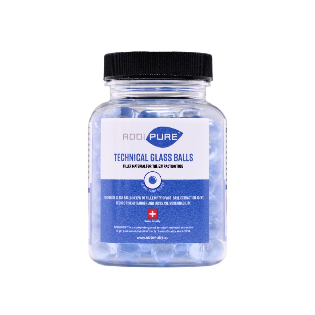 Perles en Verre Techniques ADDIPURE. 250 g conteneur. Diamètre 10 mm. Sphériques, bleutées. Remplissage pour extracteurs d’huile, BHO et DHO.