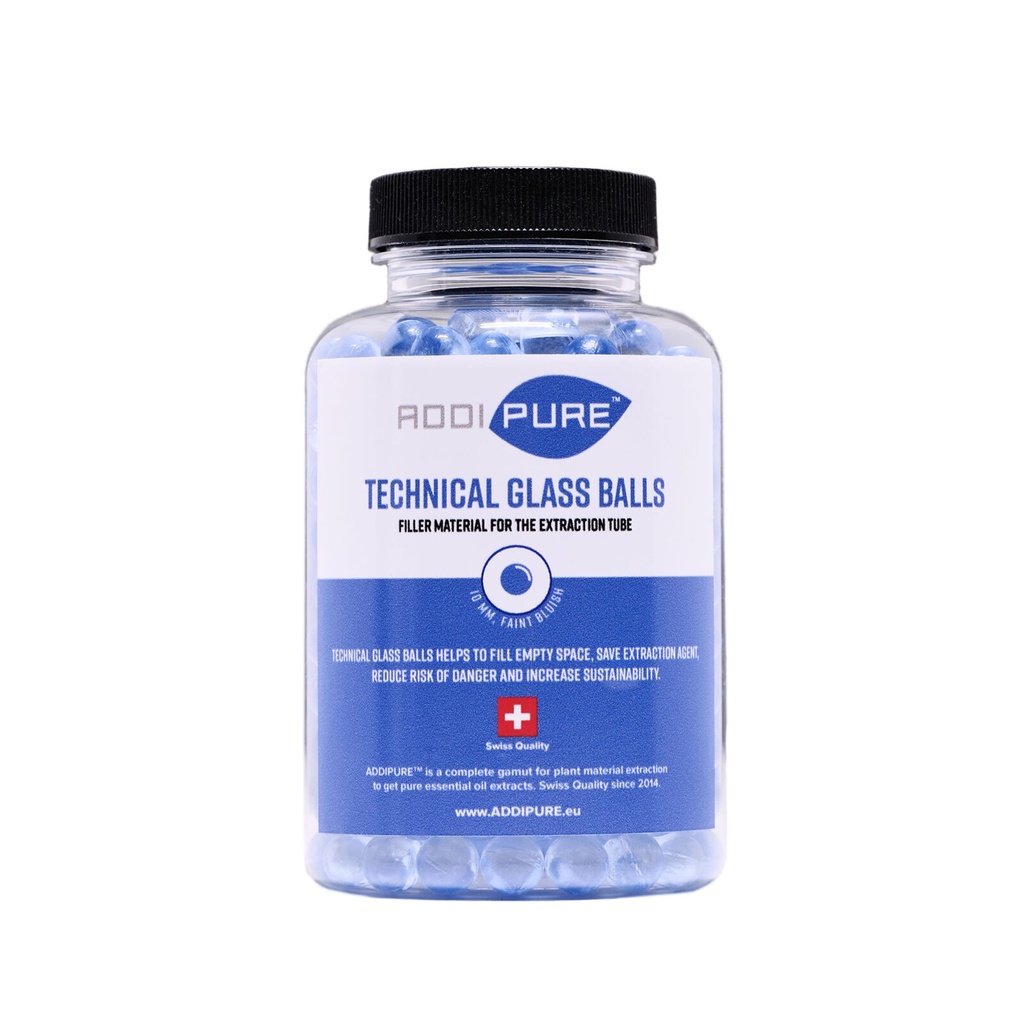 Perle di Vetro Tecnico ADDIPURE. 500 g contenitore. Diametro 10 mm. Sferiche, bluastre. Riempimento per estrattori di olio, BHO e DHO.