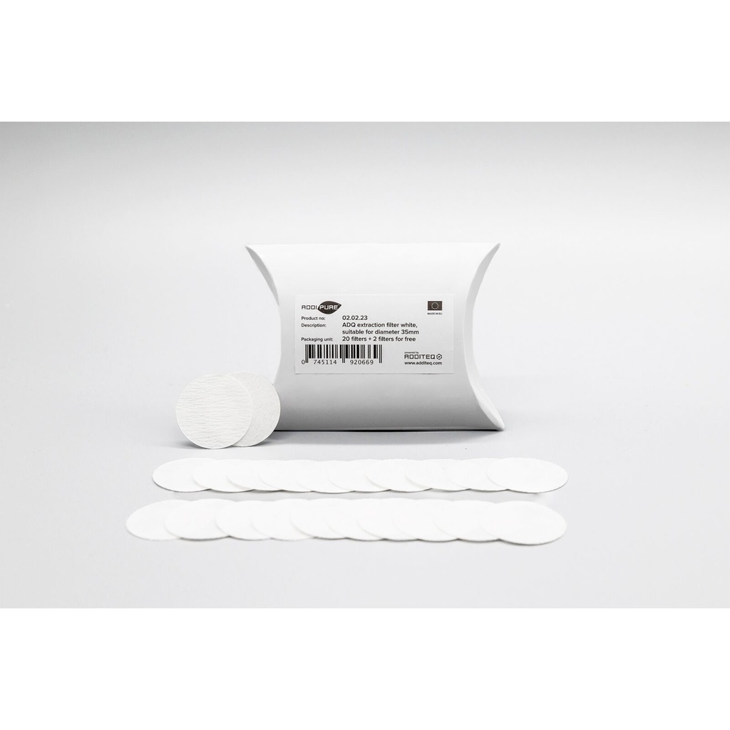 Set de 20+2 filtres d’extraction blancs ADDIPURE ADQ, brevetés, diamètre 35 mm. Idéal pour huile, BHO et DHO. À utiliser avec l'Extracteur BHO ADDIPURE 35.